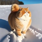 Very chonky kitty cat orange in snow picture