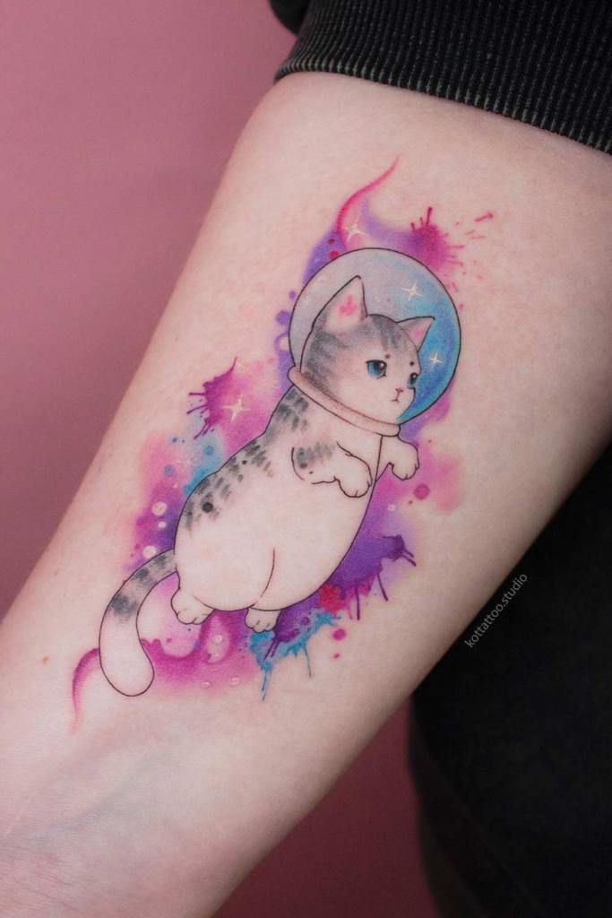 Artistic cat tattoos watercolor space pink purple stars