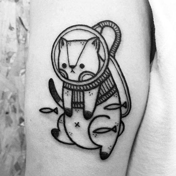 Astronaut kitty cat tattoo leg