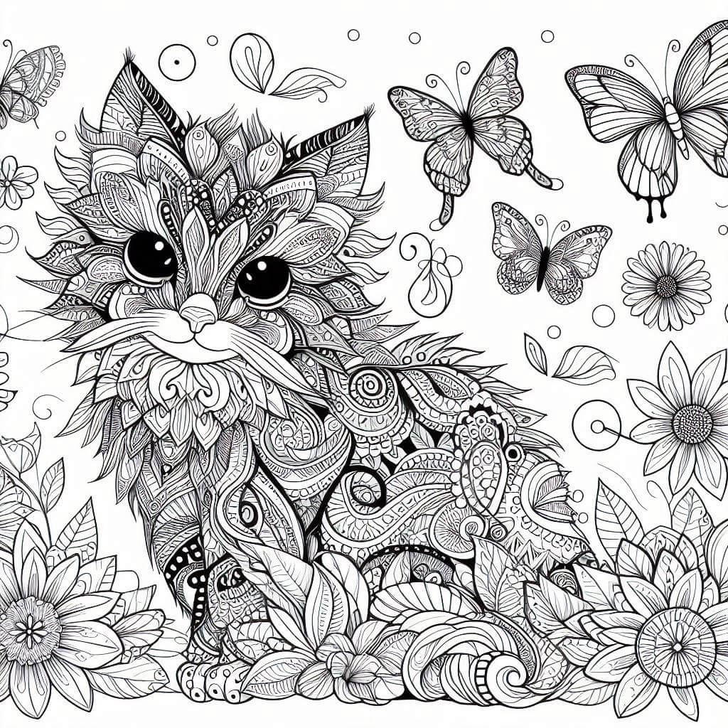 Cat and butterflies line drawing colouring in page