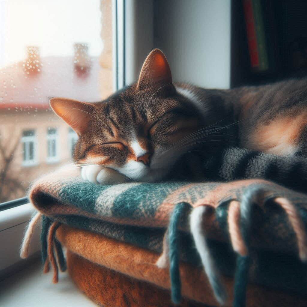 Cat sleeping on window perch on blanket cute