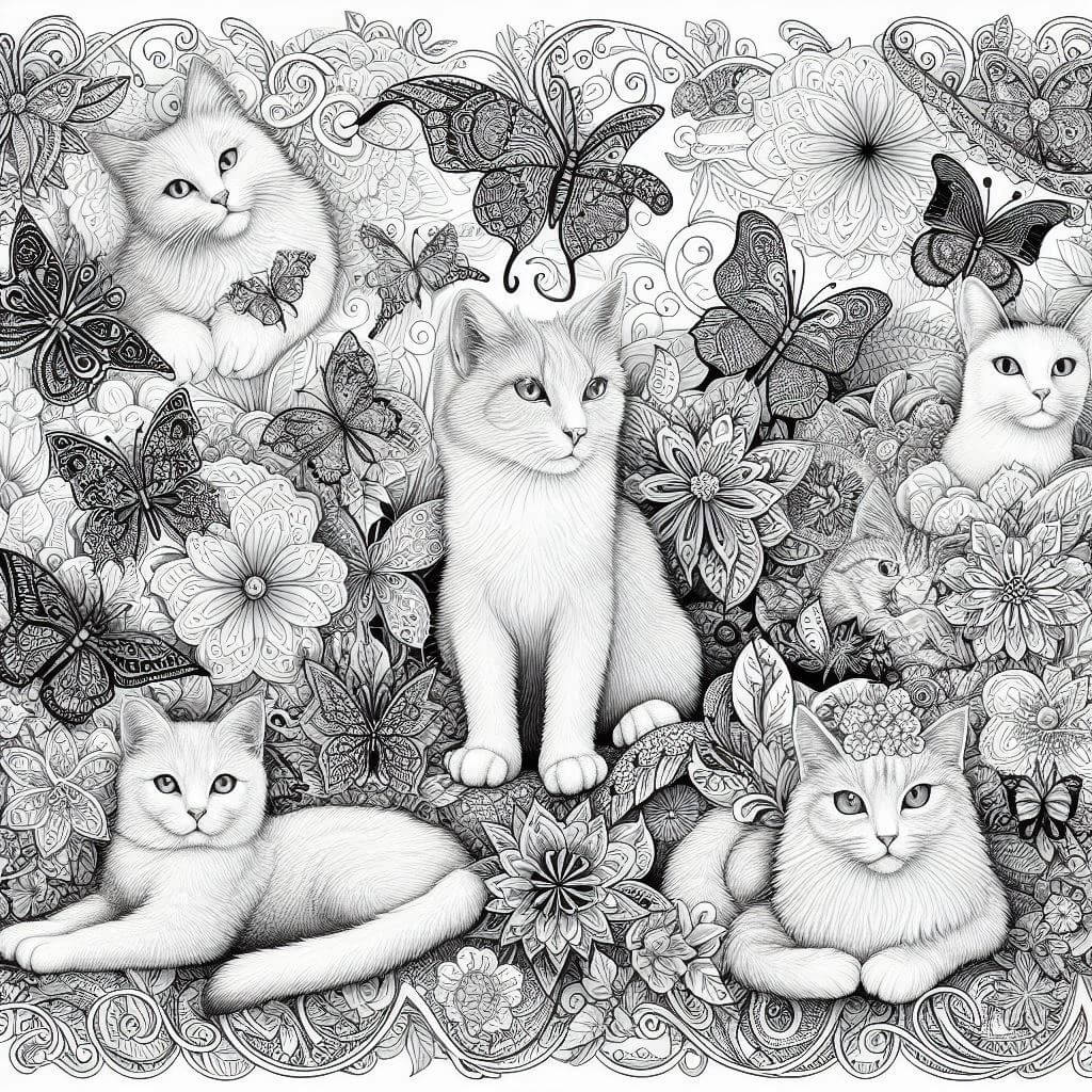 Cute butterflies and cats colouring page adult level