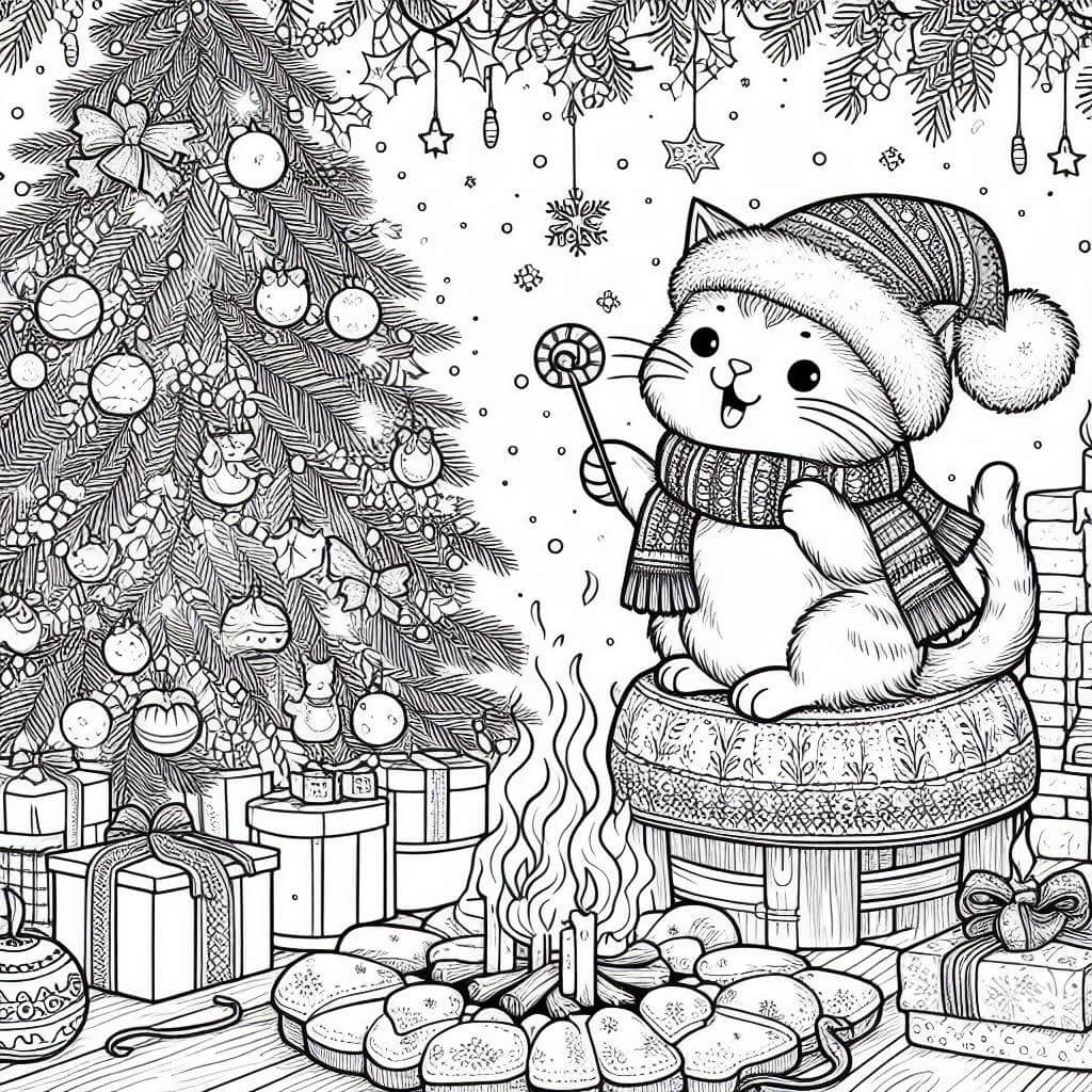 Cute christmas cat colouring page printable